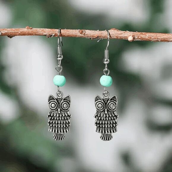 Boho Turquoise Owl Dangle Earrings - Picture 7 of 8